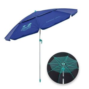 Niebieski i srebrny parasol plażowy z ochroną przeciwsłoneczną UPF 50+, średnica 2,25 m, rama aluminiowa, odporny na wiatr, logo Summer - Osłona przeciwsłoneczna