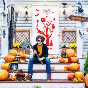 Perdea de ușă FORMIZON pentru Halloween, strălucitoare în întuneric, roșu și alb, 79 x 155 cm, design cu copac înfiorător, trucuri sau dulciuri, decorațiuni de Halloween - Decorațiuni de Halloween