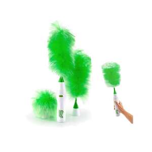 Go Duster elektrischer Staubwedel mit drei verschiedenen Bürsten, einer Sprühflasche und einer Hand, die den Staubwedel hält - Porträts