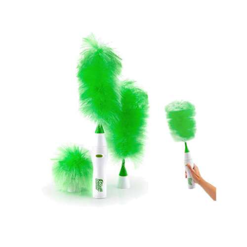 Go Duster perie electrică cu trei perii de dimensiuni diferite, o sticlă de pulverizare și o mână care ține peria