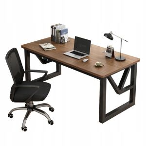 Fodym Nowoczesne biurko gamingowe z ciemnego buku z czarną metalową ramą i krzesłem biurowym - Meble biurowe