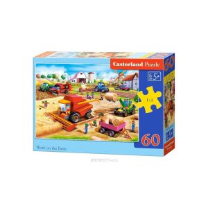 Puzzle Castorland cu 60 piese pentru copii, Muncă la fermă, cu tractoare și animale - Puzzle 3D & Puzzle cu burete