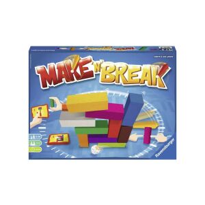 Ravensburger Make 'N' Break társasjáték doboz, színes blokkokból épült toronnyal és időmérővel - Ravensburger