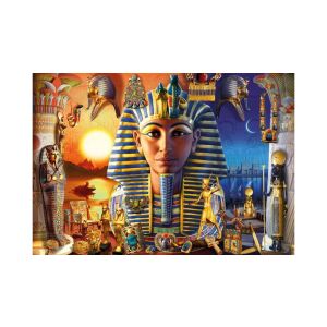 Bluebird 1000 darabos kirakó, Egyiptomi Kincsek, a kész kirakó képe Tutanhamon fáraó szarkofágjával, szkarabeuszokkal és egyéb kincsekkel - Puzzle & Kirakó