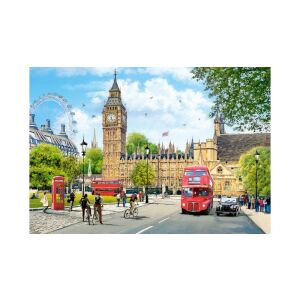 Puzzle Castorland 1000 elementów, Busy Morning in London, przedstawia Big Ben, London Eye, czerwone dwupiętrowe autobusy i scenę uliczną - Castorland Puzzle