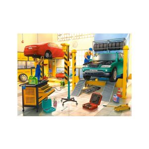 Puzzle Castorland 100 elementów Warsztat samochodowy, przedstawiające szczegółową ilustrację garażu z mechanikami pracującymi nad samochodami - Castorland Puzzle