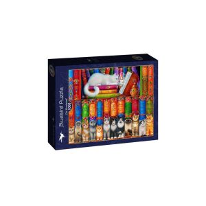 Bluebird 1000 darabos kirakós játék, Macska Könyvespolc, egy fehér macskával, aki egy könyvespolcon olvas, alatta pedig más macskák láthatók - Puzzle & Kirakó