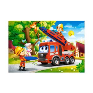 Puzzle Castorland Pompierii la salvare 40 de piese Maxi, cu o mașină de pompieri și pompieri care ajută o pisică să coboare din copac - Castorland Puzzle