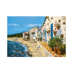 Castorland 1000 darabos kirakó, Holiday Collection, Nyaralás, C-105113, egy mediterrán tengerparti falut ábrázol fehér házakkal, kék ajtókkal és ablakokkal, valamint terrakotta cseréppel ellátott virágokkal - Castorland Puzzle