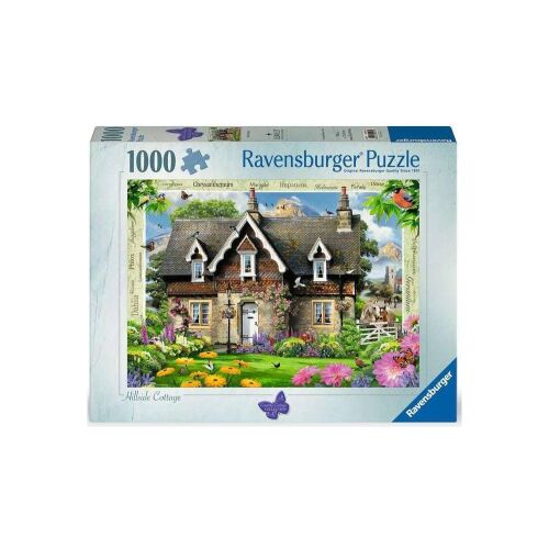 Ravensburger 1000 darabos kirakós játék, 'Vidéki kunyhó' kép, egy bájos vidéki házikót ábrázol kerttel és hegyekkel a háttérben - Ravensburger