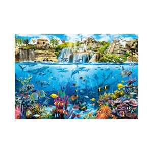 Puzzle Castorland 1500 elementów, Wyspa Piratów, przedstawiające tropikalną wyspę z wodospadem i podwodną sceną z delfinami i rafą koralową - Puzzle