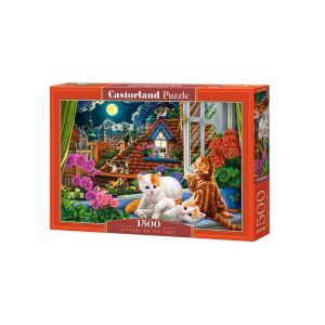 Puzzle Castorland 1500 de piese, Pisicuțe pe acoperiș, cu o ilustrație colorată a pisicilor pe un acoperiș noaptea - Castorland Puzzle
