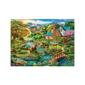 Castorland 2000 darabos kirakós, Idilli ház, lovakkal, egy gyönyörű tájat ábrázol egy házzal, lovakkal és egy folyóval - Castorland Puzzle