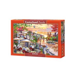 Puzzle Castorland 1000 elementów, Romantyczny Zachód Słońca w Mieście, przedstawia piękny miejski krajobraz z rzeką, mostem i kawiarnią o zachodzie słońca - Castorland Puzzle