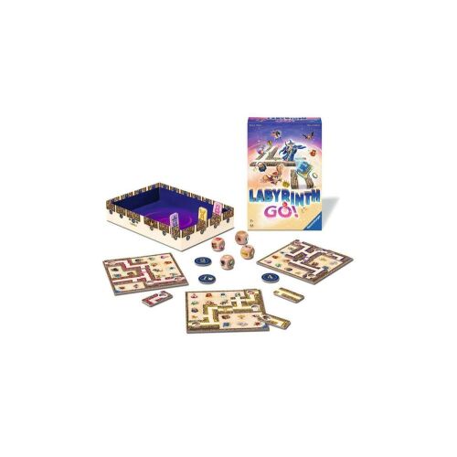 Ravensburger Labirintus Go! társasjáték komponensei, beleértve a játéktáblát, a kockákat és a játékos figurákat - Társasjáték