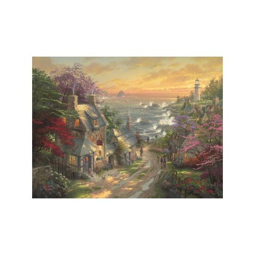 Kész Schmidt 3000 darabos kirakós játék, A falusi világítótorony, Thomas Kinkade, egy tengerparti falut ábrázol egy világítótoronnyal naplementekor - Schmidt