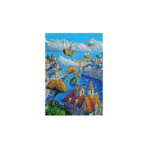 Puzzle Castorland Art Collection 500 elementów, Egy kikötő (B-53889), przedstawiające ukończone puzzle z kolorową ilustracją portu z latającymi statkami - Castorland Puzzle