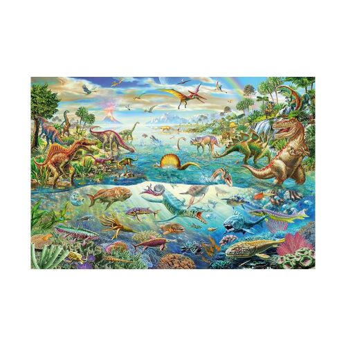 Schmidt Puzzle 200 elementów - Odkryj dinozaury, kolorowa układanka przedstawiająca różne dinozaury i stworzenia morskie