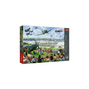 Puzzle Trefl Premium Plus 1000 de piese, Tea Time - Paradă aeriană, prezintă un spectacol aerian vintage cu avioane care zboară deasupra unei mulțimi de oameni care fac picnic pe un câmp cu iarbă - Puzzle 3D & Puzzle cu burete