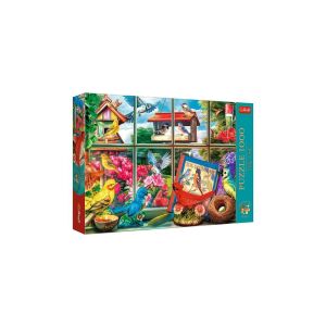 Puzzle Trefl Premium Plus 1000 de piese, Tea Time - Lumea păsărilor, 10850, prezintă o ilustrație colorată a păsărilor în jurul unei ferestre cu o carte despre păsări, o casă pentru păsări și un alimentator pentru păsări - Puzzle 3D & Puzzle cu burete