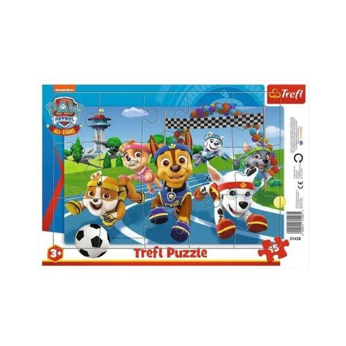 Puzzle Trefl cu 15 piese cu Paw Patrol All-Stars, cu Chase, Marshall, Skye, Rocky, Rubble și Everest care aleargă o cursă