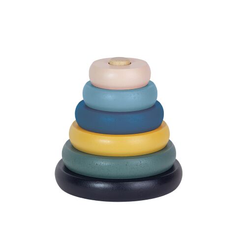 PETITE&MARS Orbit Wood of Mars jucărie de stivuire, Cosmic Blue, 6 inele colorate, jucărie de stivuire din lemn pentru bebeluși