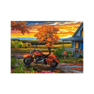 Puzzle Castorland 180 de piese, Plimbare de toamnă, cu o motocicletă parcată în fața unei case cu un peisaj de toamnă frumos - Puzzle 3D & Puzzle cu burete