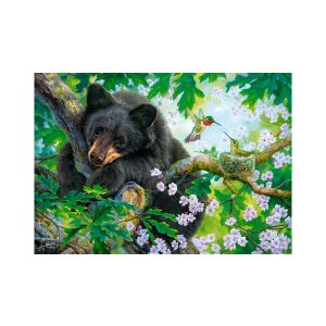 Puzzle Castorland Wish I Could Fly, przedstawiające niedźwiadka czarnego w drzewie z kolibrami - Castorland Puzzle