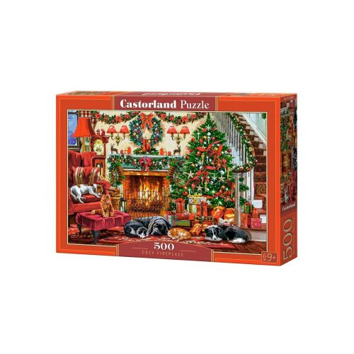 Castorland 500 darabos kirakós játék, Hangulatos kandalló, karácsonyi témájú, nappali kandallóval, díszített karácsonyfa, kutyák és macskák