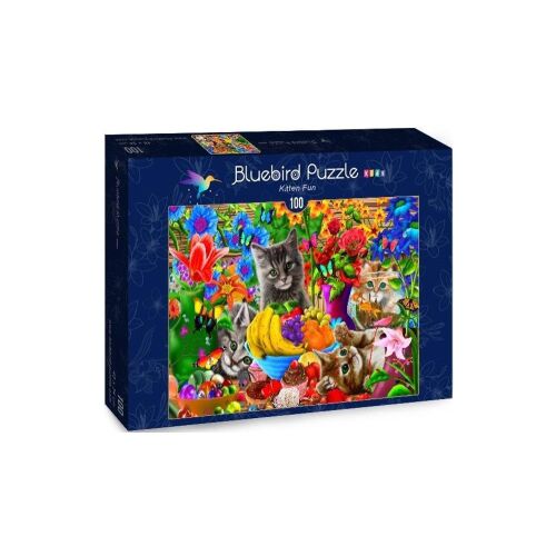 Bluebird Puzzle Kitten Fun 100 darabos kirakós játék, színes cicákkal, virágokkal és pillangókkal egy kertben - Bluebird