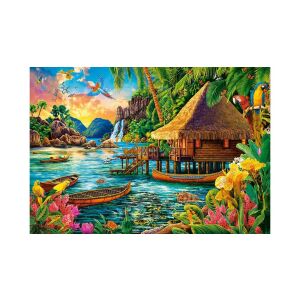 Puzzle Castorland 1000 elementów, Tropikalna wyspa, przedstawia kolorowy obraz tropikalnej wyspy z chatą, łodziami i papugami - Castorland Puzzle
