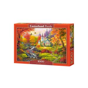 Puzzle Castorland 1000 elementów, Jesienne Wibracje, przedstawiające malowniczą jesienną scenę z kościołem, mostem i strumieniem - Castorland Puzzle