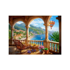 Castorland 2000 darabos kirakós, Montenegro Meditáció, egy balkónról nyíló panorámát mutat a Földközi-tengerre, egy város és hegyek látványával - Castorland Puzzle