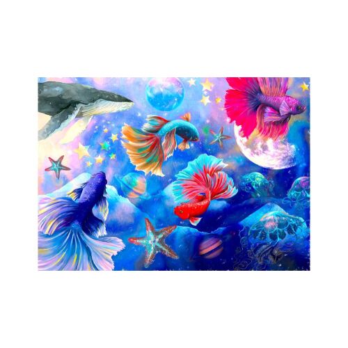 Enjoy 1000 darabos puzzle Deep Sea Galaxy, a kész kirakott képét mutatja egy színes mélytengeri jelenettel halakkal, csillagokkal és bolygókkal - ENJOY Puzzle