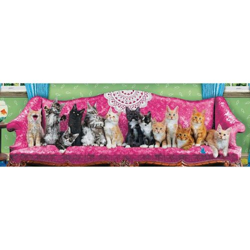 EuroGraphics 1000 darabos panoráma puzzle, Kitty Cat Couch, sok cica ül egy rózsaszín kanapén - Eurographics