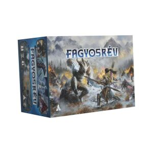 Fagyosrév társasjáték doboz, egy havas tájjal, ahol egy harcos egy szörnyeteg ellen harcol - Gémklub