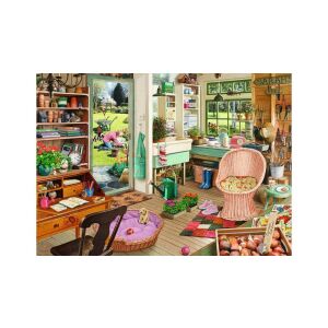 Ravensburger 1000-teiliges Puzzle, Der Garten Eden, zeigt ein detailliertes Bild eines Gartenhäuschens mit Gartengeräten, Pflanzen und einem Korbstuhl - Ravensburger Puzzle