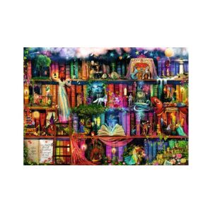 Fertiges Ravensburger 1000-teiliges Puzzle, Tündérmesék, Aimee Stewart, zeigt ein magisches Bücherregal mit Märchenfiguren - Ravensburger Puzzle