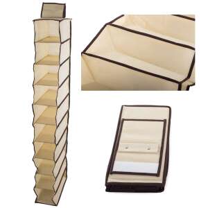 Beige 10-tier hanging shoe organizer with brown trim, for closet storage - OEM Closet organizer