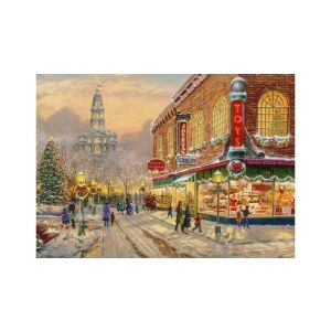 Karácsonyi kívánság kirakó, Thomas Kinkade festménye alapján, egy ünnepi városrészlettel, egy játékbolt és egy karácsonyfa - Schmidt