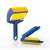 Valček na odstraňovanie žmolkov so štetkou, modrý a žltý, ukazuje produkt z rôznych uhlov