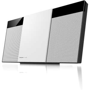 Panasonic SC-HC304 HiFi CD lejátszó, fehér, ferde nézet, hangszórók és CD lejátszó látható - Mini Hifi