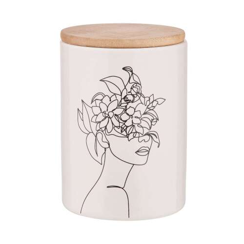 QUEEN IT Line Art 700ml tárolódoboz bambusz fedéllel, virágos női arccal