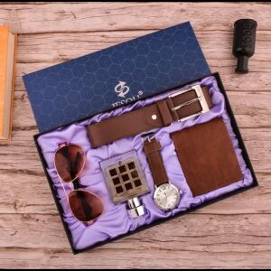 Jesou 5 részes ajándék szett: Barna pénztárca, parfüm, óra, napszemüveg és öv - Ajándék kütyü