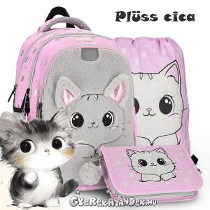 Starpak Plüss Cicás Iskolatáska Szett Lányoknak, rózsaszín és szürke cicás mintával, hátizsák, tolltartó és tornazsák - Starpak