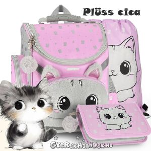 Starpak Plüss cicás ergonomikus iskolatáska szett, rózsaszín és szürke iskolatáska cicás mintával, tolltartó és tornazsákkal - Starpak