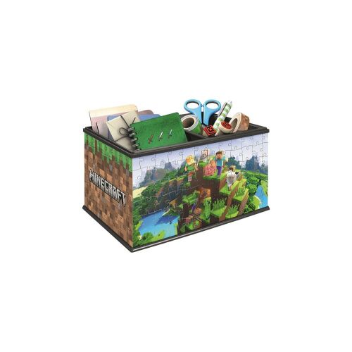 Összeszerelt Ravensburger Minecraft 3D Puzzle asztali rendező, bemutatva a tároló rekeszeket toll, ceruza és egyéb íróeszközök számára - Babaszoba