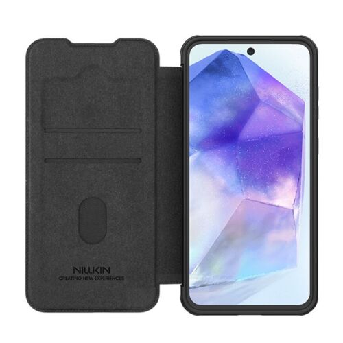 NILLKIN QIN PRO Fekete Flip Tok Samsung Galaxy A56 5G-hez Kártyatartóval