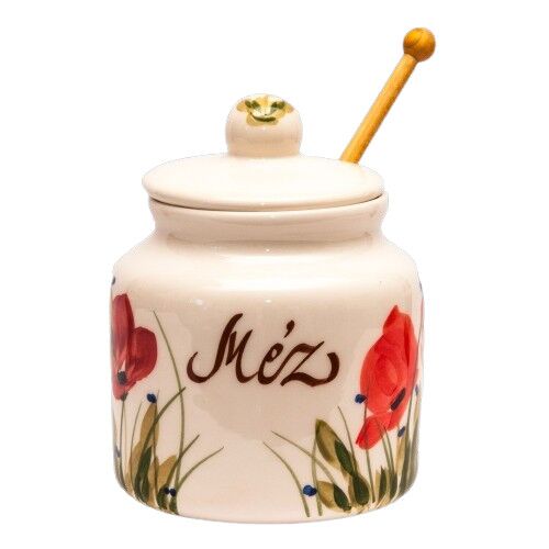 Tele virágos méztartó kicsi csurgatóval, pipacs, kerámia, kézzel festett 5dl 129249501