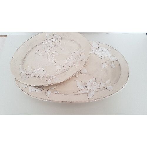 Domború mintás ováltál nagy, virágos natúr,kerámia, kézzel festett- 129249856